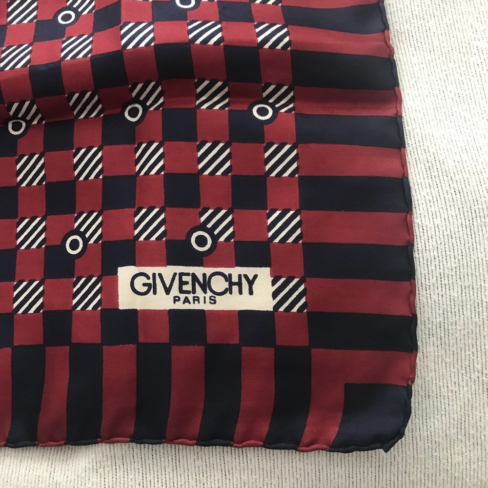 Vintage Givenchy Silk Scarf 25” Square Red Navy - Picture 3 of 4